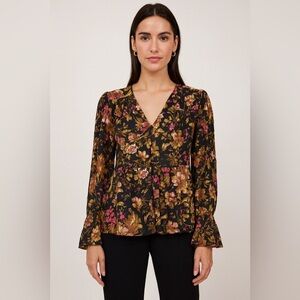 Anthropologie Peplum Hem Black Floral Boho Blouse Size Small Career Chic Office